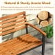 Acacia wood outdoor bench with backrest and armrests, ideal for patio seating and designed for stability and comfort.