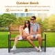 Outdoor bench made of acacia wood with backrest and armrests, supports 800 lbs, ideal for patio or garden relaxation.