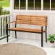 Acacia wood outdoor bench with backrest and armrests, featuring a sturdy metal frame, ideal for patio or garden use.
