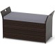 Outdoor bench with hand-woven PE rattan, gray cushion, and side handles, featuring hidden storage for outdoor supplies.