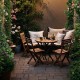 Outdoor bistro set featuring slatted teak wood seats and tabletop, perfect for backyard gatherings and outdoor.