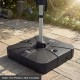 Square outdoor cantilever umbrella base, 34 inches, water and sand fillable, with rolling wheels for easy mobility.