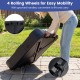 Square outdoor umbrella base with 4 rolling wheels and grooved handles for easy mobility and filling convenience.