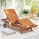 Outdoor chaise lounge chair with wheels, solid wood construction, 4-position adjustable backrest for patio relaxation.