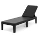 Black outdoor chaise lounger chair with adjustable backrest and waterproof rattan textured surface for sunbathing.