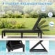 Black outdoor chaise lounger chair with waterproof rattan textured surface and adjustable backrest for sunbathing.