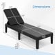 Dimensions of the black outdoor chaise lounger chair with waterproof rattan textured surface and adjustable backrest.