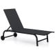 Black outdoor chaise lounge chair with wheels and metal frame, perfect for relaxing in your backyard or patio.