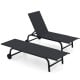 Black outdoor chaise lounge chair with wheels and metal frame, featuring adjustable backrest for comfortable relaxation.