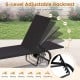 Adjustable backrest of the black outdoor chaise lounge chair with wheels, perfect for sunbathing and relaxation.