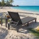 Grey outdoor chaise lounge chair with adjustable backrest, perfect for poolside relaxation and easy transport.