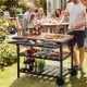 Outdoor dining cart with BBQ grill, featuring a spacious countertop and adjustable vents, perfect for outdoor cooking.