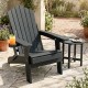 Black outdoor folding Adirondack chair with a cup holder and adjustable backrest, perfect for poolside relaxation.