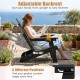 Outdoor folding Adirondack chair in black with adjustable backrest and cup holder, perfect for poolside relaxation.