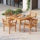 Acacia wood patio dining set featuring a square table and four ergonomic chairs, perfect for outdoor gatherings.