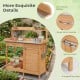 Outdoor garden wooden work station potting bench featuring a large metal tabletop, secure latch, and six supporting legs.