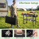 Foldable outdoor grill cart with a 31” x 17” tabletop, featuring a heat-resistant surface and convenient storage options.