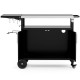 Outdoor grill cart in black with folding stainless steel top, storage cabinet, and wheels for easy mobility.