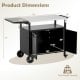 Outdoor grill cart with folding stainless steel top, storage cabinet, and wheels, ideal for picnics and outdoor parties.