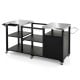 Outdoor grill cart with stainless steel tabletops, storage shelves, and hooks, perfect for BBQs and family gatherings.