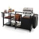 Outdoor grill cart with stainless steel tabletops, multiple storage shelves, and hooks for utensils, ideal for BBQ gatherings.