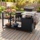 Outdoor grill cart with stainless steel tabletop, storage shelves, and hooks, perfect for BBQ gatherings and outdoor cooking.