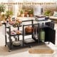 Outdoor grill cart with stainless steel tabletops, concealed gas tank storage, and multiple shelves for outdoor cooking.