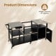Outdoor grill cart with stainless steel tabletops, hooks, and multiple storage shelves for outdoor cooking convenience.
