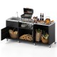 Outdoor grill table with sink and heavy-duty metal construction, featuring storage areas and wheels for easy mobility.