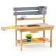 Kids mud kitchen with pull-out tabletop, water basin, and sturdy natural fir wood for organized outdoor play activities.