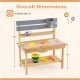 Outdoor kids mud kitchen with extended tabletop, water tank, and natural fir wood for imaginative play and organization.