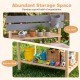 Outdoor kids mud kitchen featuring a natural fir wood structure with top and bottom shelves for organized play.