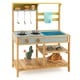 Outdoor kids mud kitchen with faucet, removable sink, and storage shelves for fun cooking and playtime in the backyard.
