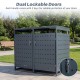 Outdoor metal garbage bin storage shed with dual lockable doors for secure trash can organization in gray.
