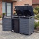 Outdoor metal garbage bin storage shed for 2 trash cans, gray, with reinforced structure and wide-opening front doors.