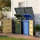 Outdoor metal garbage bin storage shed for two trash cans, featuring yellow doors and gas-strut lids for easy access.