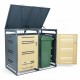 Outdoor metal garbage bin storage shed for 2 trash cans in yellow, featuring dual-bin design and gas-strut top lids.