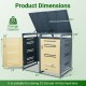 Outdoor metal garbage bin storage shed with dual-bin capacity for 32 Gal and 64 Gal trash cans, featuring gas-strut.