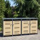 Outdoor metal garbage bin storage shed in yellow for two trash cans, featuring gas-strut lids and lockable handles.