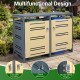 Outdoor metal garbage bin storage shed for 2 trash cans in yellow with lockable handles and sturdy metal hinges.