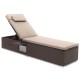 Brown outdoor PE rattan chaise lounge with adjustable backrest, foldable side table, and comfortable long cushion for relaxation.