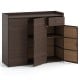 Outdoor PE wicker storage cabinet with three doors, adjustable shelves, and a sturdy metal frame for patio or deck use.