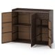 Outdoor PE wicker storage cabinet with three doors and a practical drawer, perfect for organizing essentials on the.