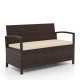 Outdoor PE wicker storage bench with beige cushion, featuring under-seat storage and ergonomic design for patio.