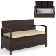 Outdoor PE wicker storage bench with beige cushion, featuring 42-gallon storage for garden tools, ideal for patio.