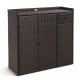Outdoor PE wicker storage cabinet in brown with three doors, adjustable shelves, and a practical drawer for patio use.