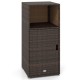 Outdoor PE wicker storage cabinet in brown with open compartment and door, ideal for patio organization.