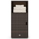 Outdoor PE wicker storage cabinet in brown with open compartment and closed door, ideal for patio organization.