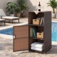 Outdoor PE wicker storage cabinet in brown with open shelves and door, perfect for patio organization by the poolside.