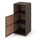 Outdoor PE wicker storage cabinet in brown with open shelves and door, perfect for patio organization and style.